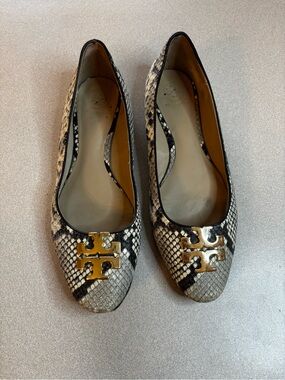 Tory Burch Snake-Print Leather Ballet Flats with Gold Logo
